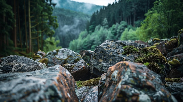 Photo a large rock with moss on it and a forest in the background