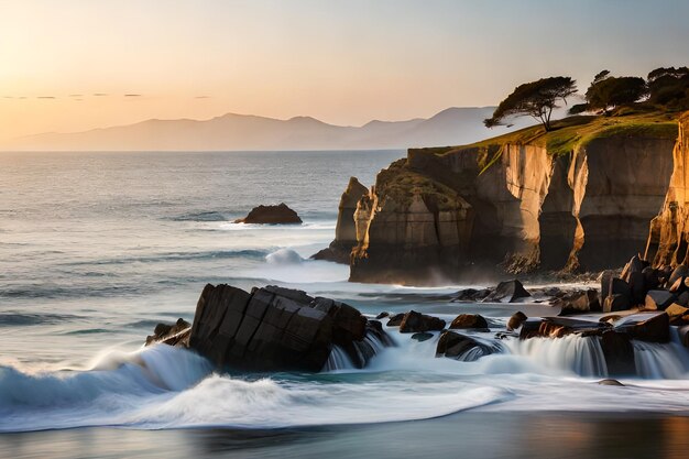 A large rock with a wave crashing against it and the ocean in the background.