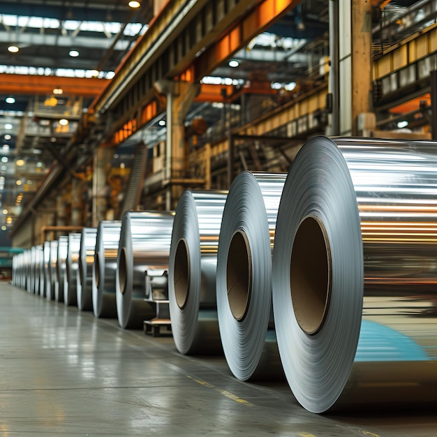 Large rolls of aluminum sit ready for processing in an industrial warehouse