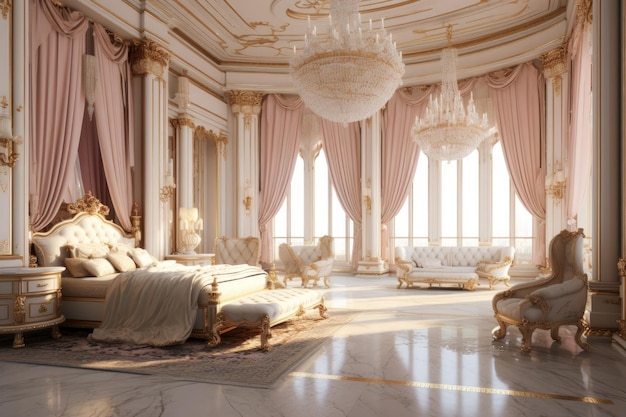 A large room with a bed and a chandelier