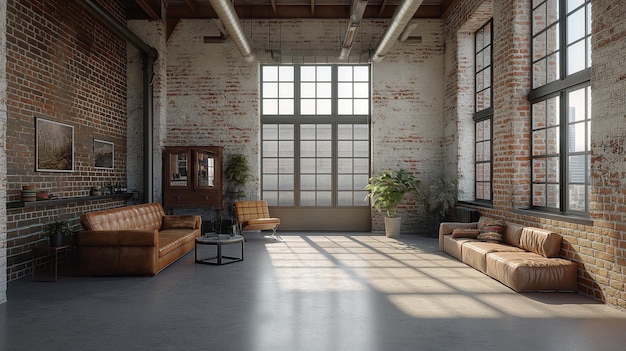 A large room with a brick wall and a lot of natural light