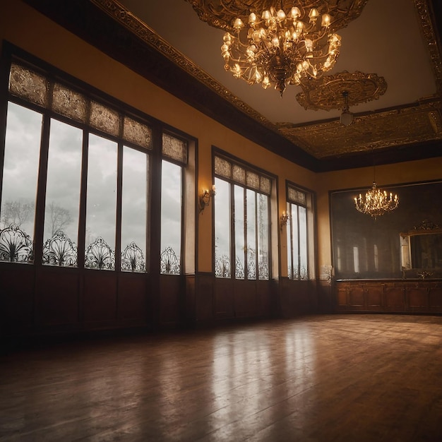 Photo large room with a chandelier and a chandelier hanging from the ceiling