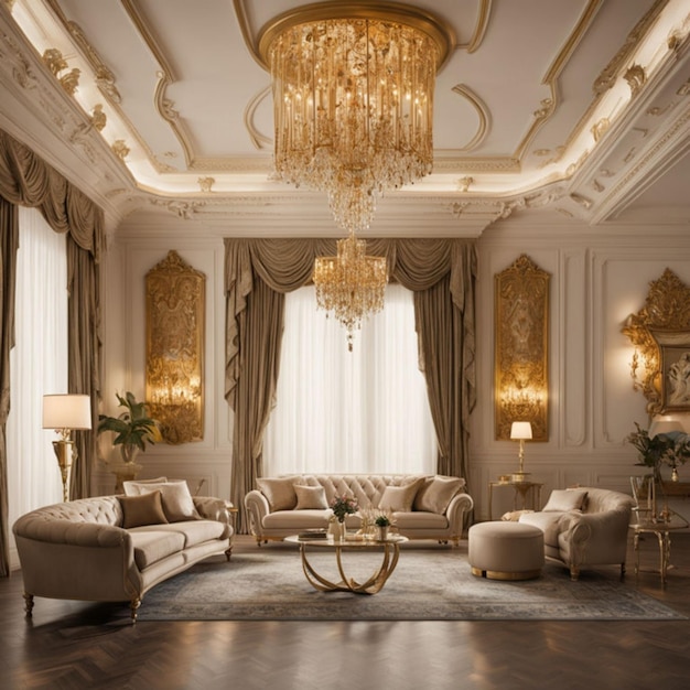 a large room with a chandelier and a couch