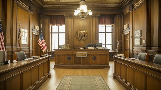 a large room with a desk and a flag on the right