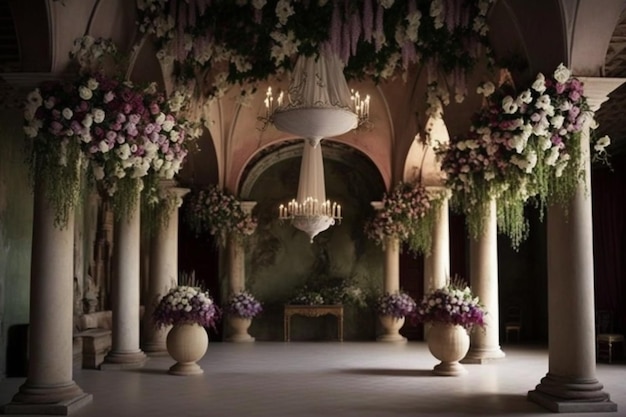 A large room with flowers and chandeliers