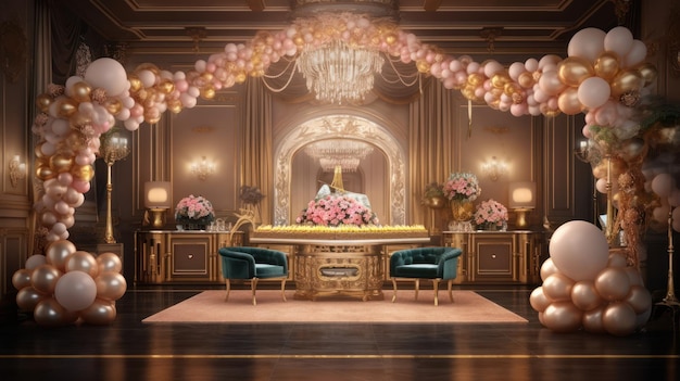 A large room with a gold and pink chandelier and a large chandelier with gold balloons.