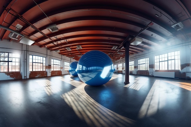 A large room with a large blue ball in it