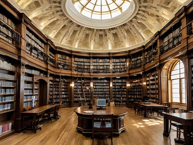 a large room with a large bookcase with a computer on the top