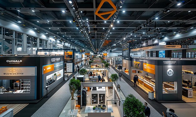 a large room with a large ceiling with a large orange diamond shaped sign