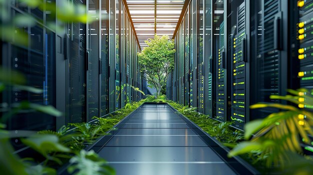 Photo a large room with a large computer with a tree in the middle