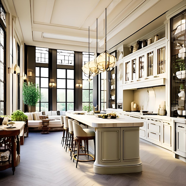 Photo a large room with a large kitchen and a large island with a large island in the middle