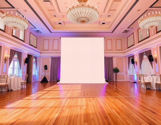 Photo a large room with a large screen that says  the name  on it