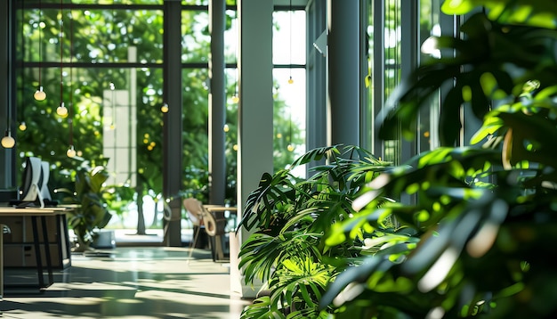 A large room with a lot of plants and a few chairs