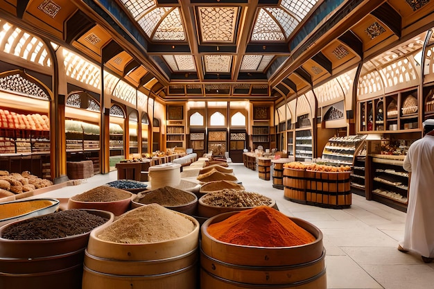 A large room with many containers of spices and a barrel that says " spice ".