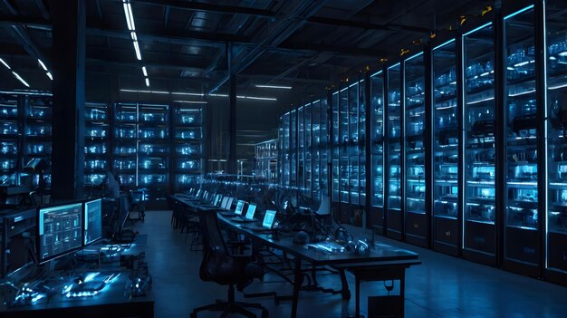 a large room with many lights and a computer in it