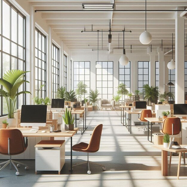 a large room with a plant and a laptop on the table