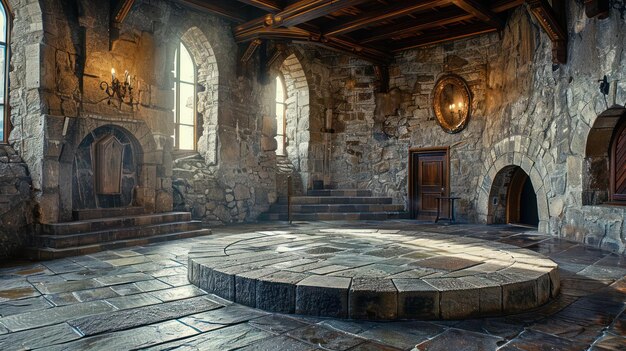 Photo a large room with a stone floor and a stone wall