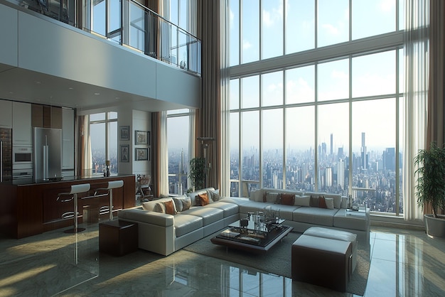 a large room with a view of the city skyline and a city