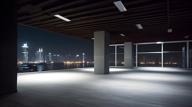 A large room with a view of the city skyline