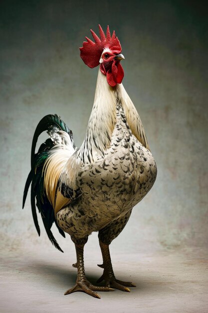 Large rooster with red face stands on one leg