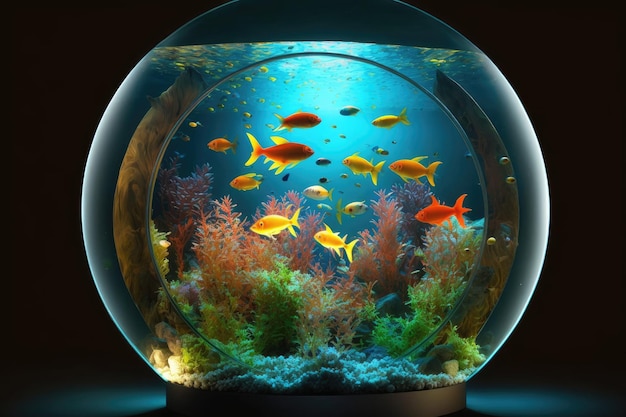 Large round aquarium with empty space and illuminated bottom