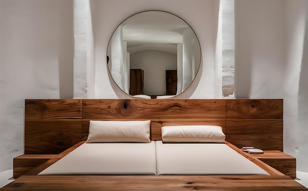 a large round mirror is above a couch with a white pillow