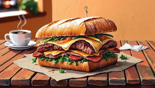 Photo a large sandwich with cheese and meat on it