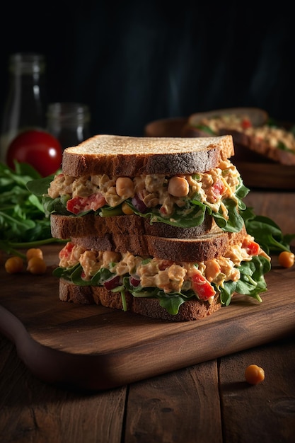 A large sandwich with chickpeas on it