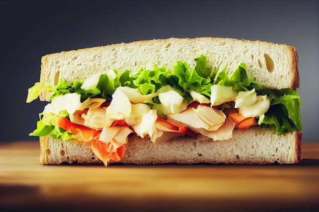 A large sandwich with egg tomatoes salad lettuce Closeup