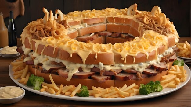 a large sandwich with macaroni and cheese on it