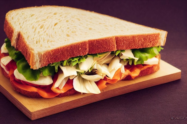 A large sandwich with salad lettuce tomatoes cheese Closeup