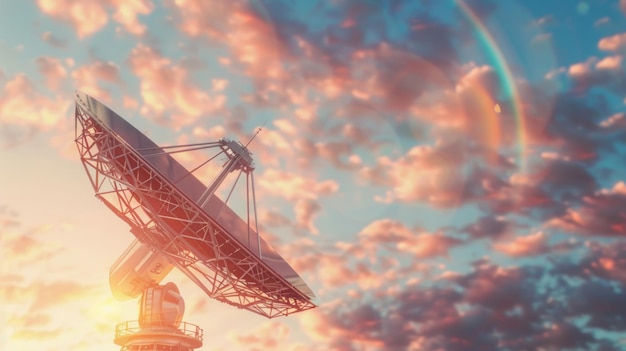 Photo large satellite dish pointing to the sky at sunset