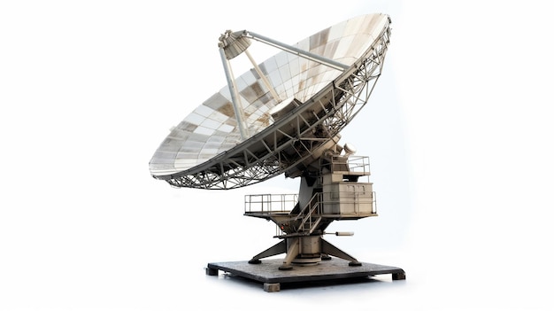 A large satellite dish stands against a white background ready to capture signals from the vast expa