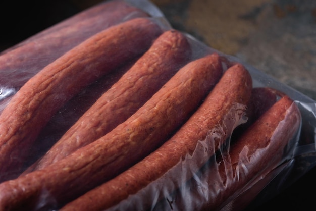 Large Sausages closeup in Vacuum Bag Place for label Readymade Meat Products for Supermarket