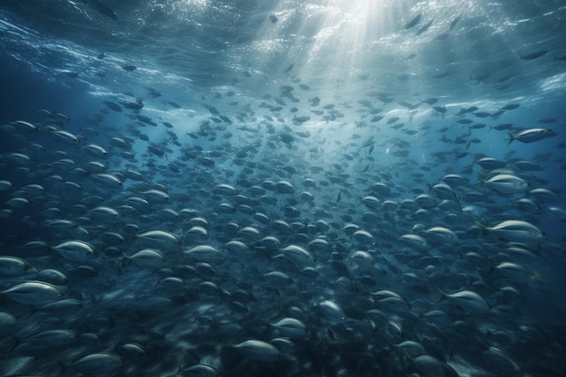 A large school of fish is in the water.