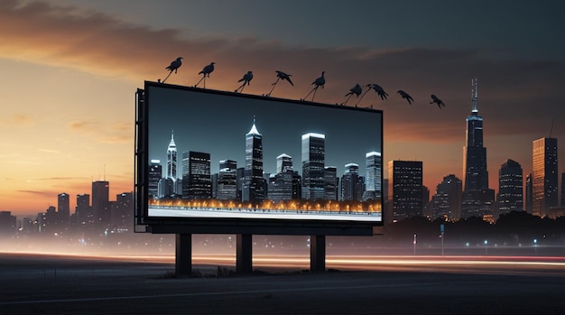 a large screen with birds on it and a city in the background