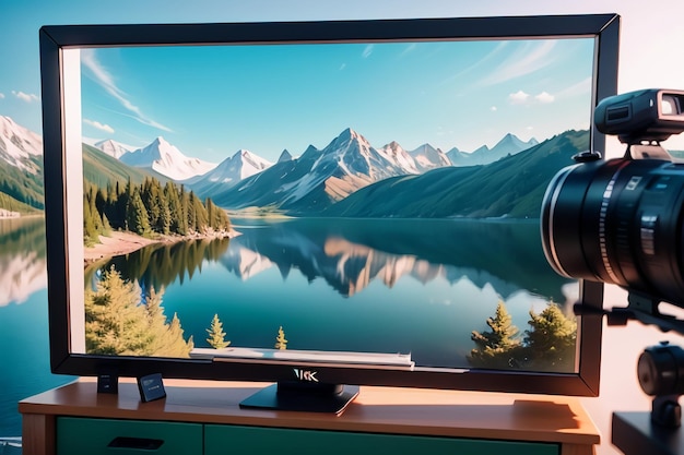 A large screen with a picture of a mountain and a lake on it.