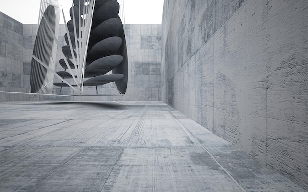 A large sculpture is in a room with a concrete floor and a wall with a spiral design.