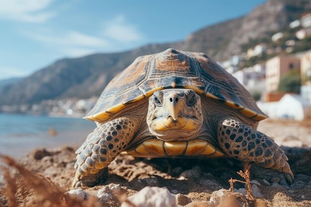 Large sea turtle basking on the golden sandy shore of a serene beach next to the calm ocean waters