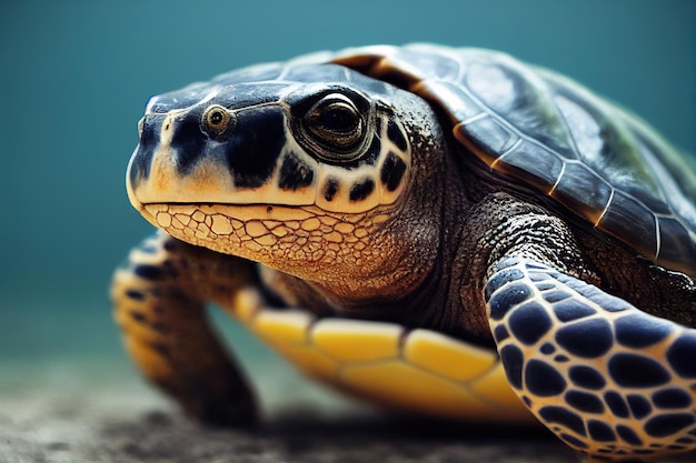 Large sea turtle swimming on ocean floor