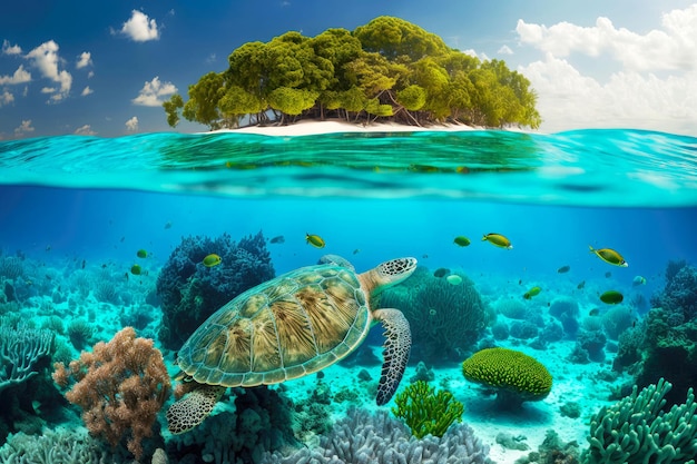 Large sea turtle swimming in sea on Maldives tropical island