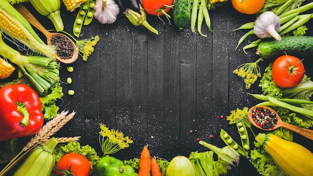 A large selection of raw fresh vegetables and spices On a black wooden background Top view Free space for your text