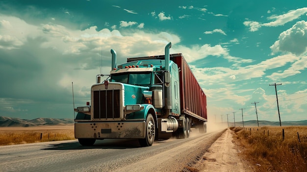 a large semi truck drives down road in the countryside landscape in the background