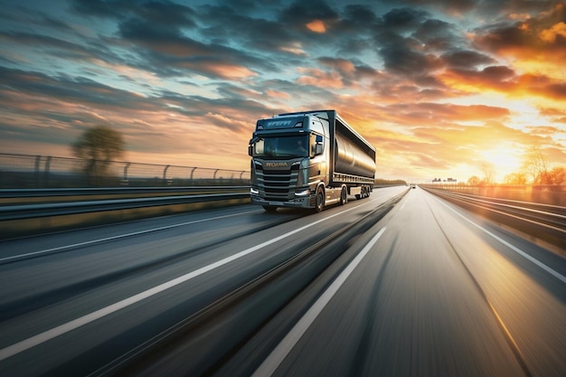 A large semi truck is driving down a road with a beautiful sunset in the background The sky is filled with clouds creating a moody atmosphere The truck is the main focus of the image