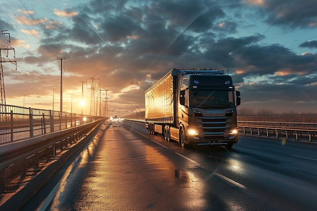 A large semi truck is driving down a road with a beautiful sunset in the background The sky is filled with clouds creating a moody atmosphere The truck is the main focus of the image