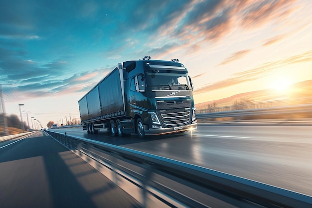 A large semi truck is driving down a road with a beautiful sunset in the background The sky is filled with clouds creating a moody atmosphere The truck is the main focus of the image