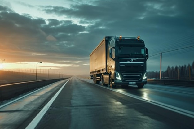 A large semi truck is driving down a road with a beautiful sunset in the background The sky is filled with clouds creating a moody atmosphere The truck is the main focus of the image