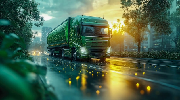 A large semitruck covered in lush green foliage driving down a forest road symbolizing ecofriendly