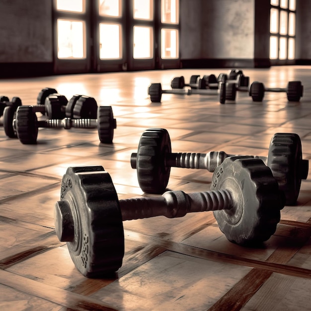 a large set of dumbbells in a large room