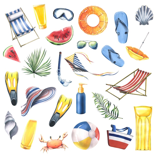 A large set from the BEACH VACATION collection Watercolor illustration Isolated objects on a white background are tropical and marine accessories For decoration and design compositions